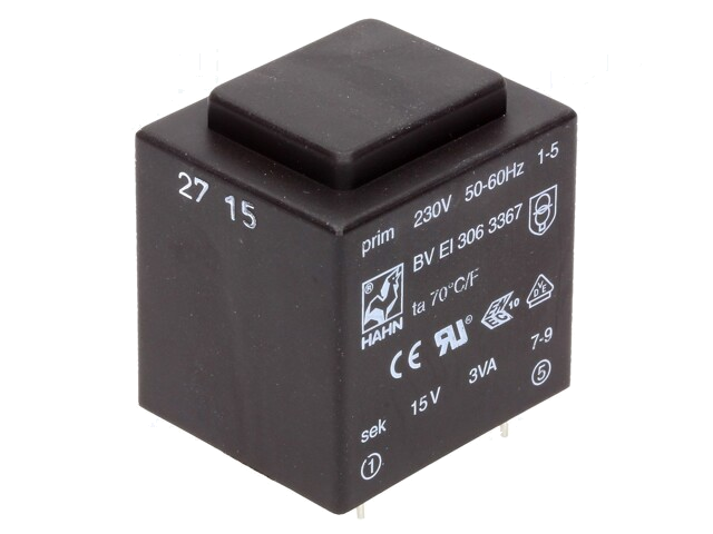 Transformator: ingegoten; 3VA; 230VAC; 15V; 200mA; PCB; BVEI Transformator: ingegoten; 3VA; 230VAC; 15V; 200mA; PCB; BVEI